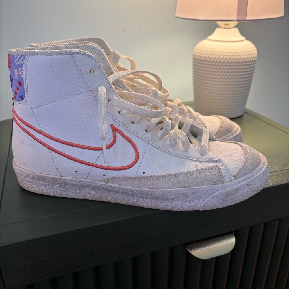 White High-Top Sneakers with Red Swoosh